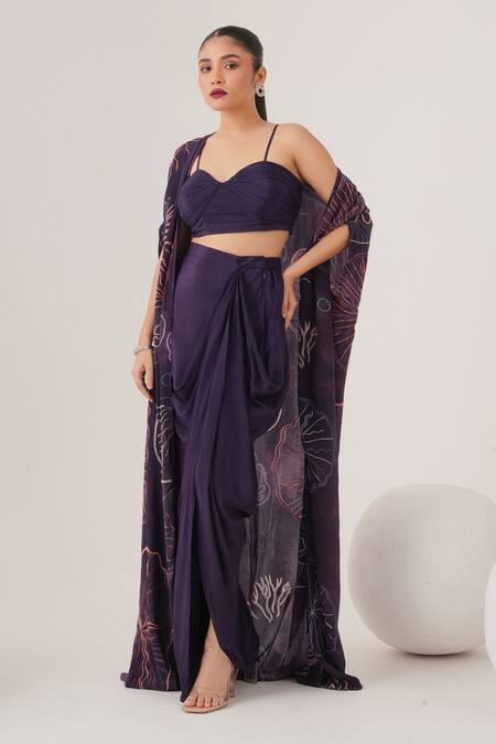 Label Shristi Chetani_Purple Crepe Beads Sweetheart Neck Abstract Pattern Cape Draped Skirt Set_at_Aza_Fashions
