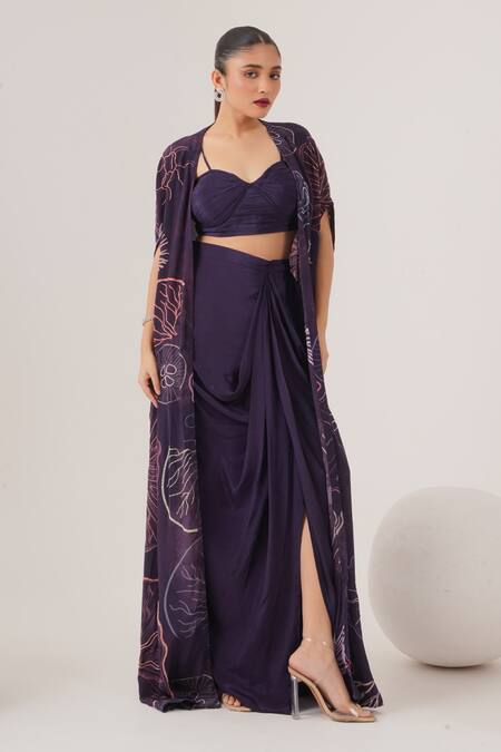 Buy_Label Shristi Chetani_Purple Crepe Beads Sweetheart Neck Abstract Pattern Cape Draped Skirt Set