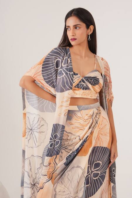 Buy_Label Shristi Chetani_Peach Natural Crepe Embellished Bead Cape Open Abstract Motif Draped Skirt Set _Online_at_Aza_Fashions