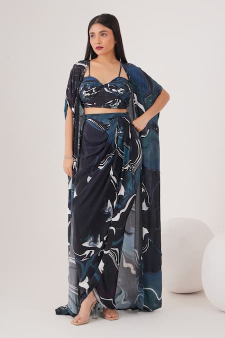 LABEL SHRISTI CHETANI Wave Abstract Pattern Cape Draped Skirt Set 