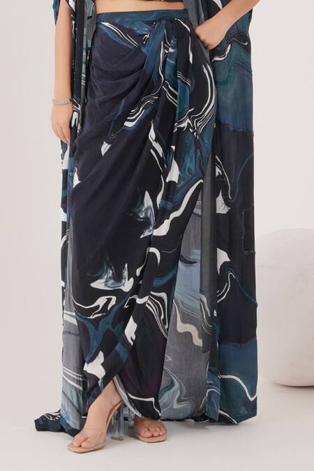 Label Shristi Chetani_Blue Crepe Beads Sweetheart Neck Wave Abstract Pattern Cape Draped Skirt Set_Online_at_Aza_Fashions
