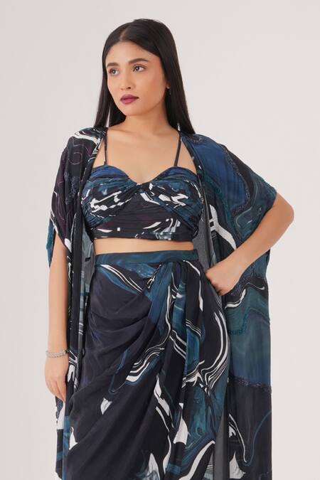 Buy_Label Shristi Chetani_Blue Crepe Beads Sweetheart Neck Wave Abstract Pattern Cape Draped Skirt Set_Online_at_Aza_Fashions