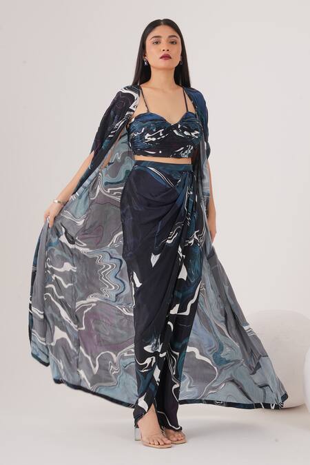 Shop_Label Shristi Chetani_Blue Crepe Beads Sweetheart Neck Wave Abstract Pattern Cape Draped Skirt Set_Online_at_Aza_Fashions
