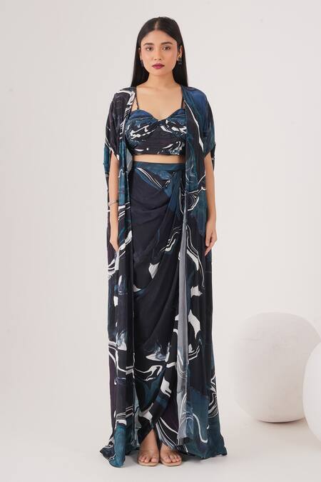 Label Shristi Chetani_Blue Crepe Beads Sweetheart Neck Wave Abstract Pattern Cape Draped Skirt Set_at_Aza_Fashions