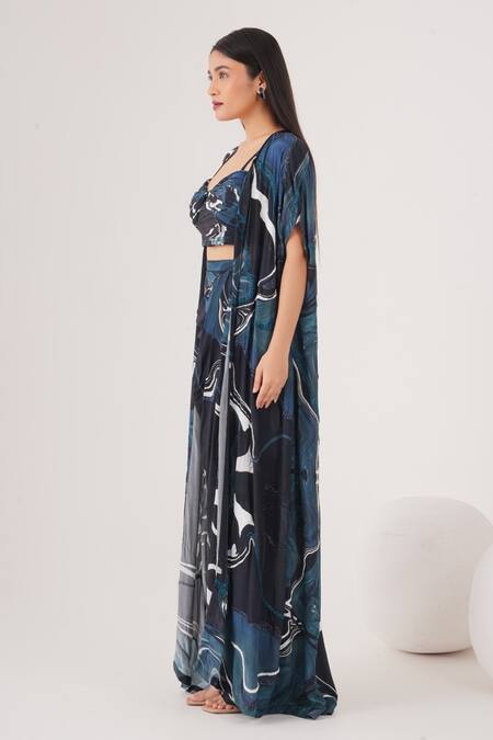 Buy_Label Shristi Chetani_Blue Crepe Beads Sweetheart Neck Wave Abstract Pattern Cape Draped Skirt Set