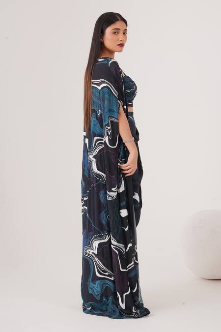 Shop_Label Shristi Chetani_Blue Crepe Beads Sweetheart Neck Wave Abstract Pattern Cape Draped Skirt Set
