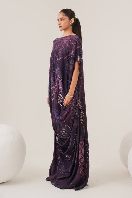 Label Shristi Chetani_Purple Crepe Beads Boat Neck Marine Pattern Draped Dress_Online_at_Aza_Fashions