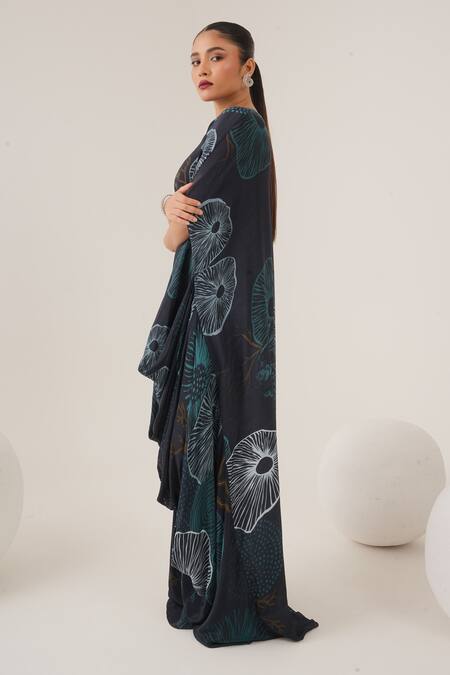 Buy_Label Shristi Chetani_Blue Crepe Beads Round Neck Marine Motifs Draped Dress_Online_at_Aza_Fashions