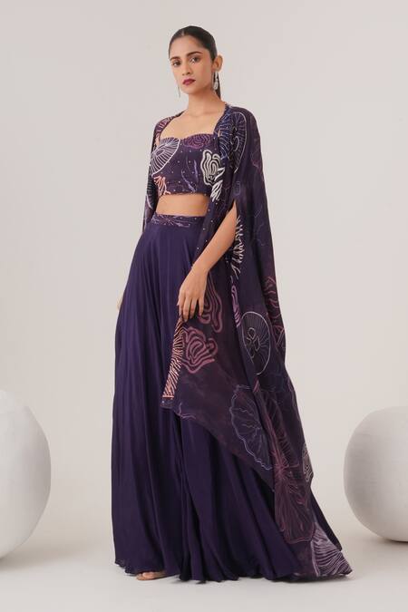 Label Shristi Chetani_Purple Crepe Beads Sweetheart Embellished Lehenga Set With Abstract Pattern Cape_Online_at_Aza_Fashions