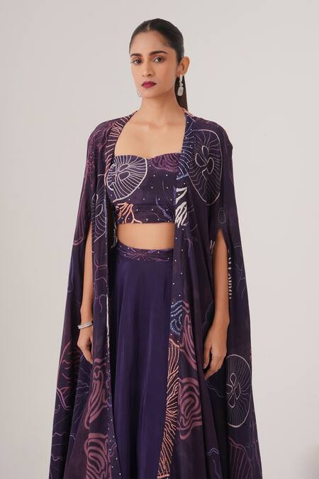 Buy_Label Shristi Chetani_Purple Crepe Beads Sweetheart Embellished Lehenga Set With Abstract Pattern Cape_Online_at_Aza_Fashions