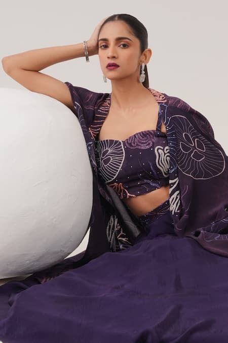 Shop_Label Shristi Chetani_Purple Crepe Beads Sweetheart Embellished Lehenga Set With Abstract Pattern Cape_Online_at_Aza_Fashions