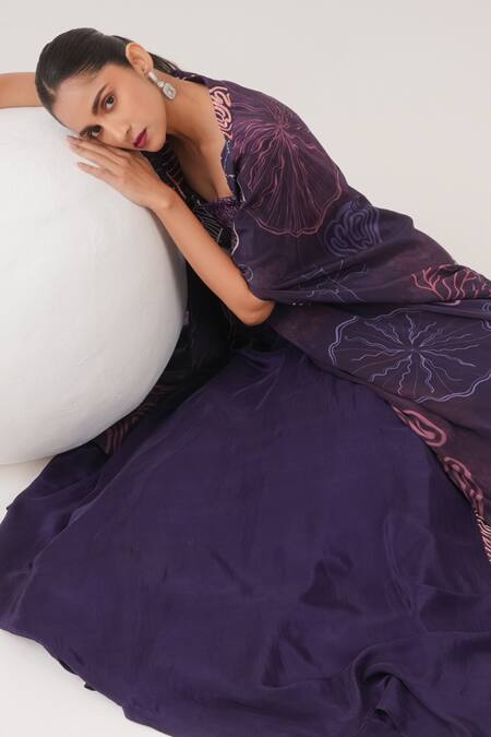 Label Shristi Chetani_Purple Crepe Beads Sweetheart Embellished Lehenga Set With Abstract Pattern Cape_at_Aza_Fashions