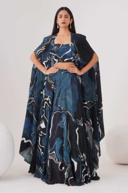 LABEL SHRISTI CHETANI Wave Abstract Patterned Lehenga Cape Set 