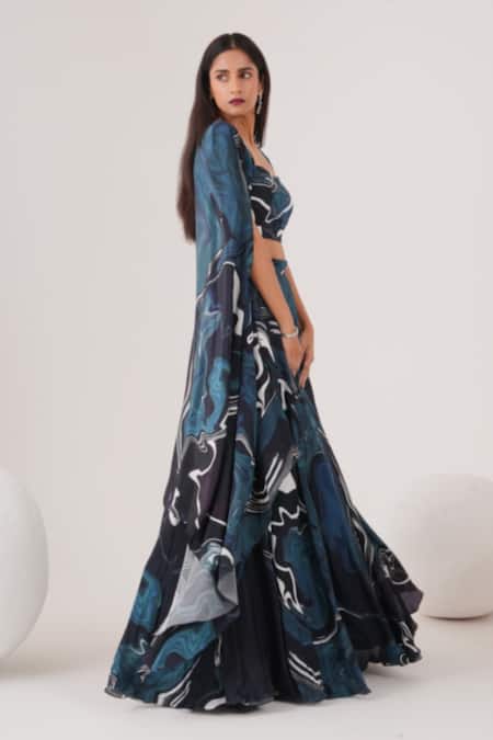 Label Shristi Chetani Wave Abstract Patterned Lehenga Cape Set 
