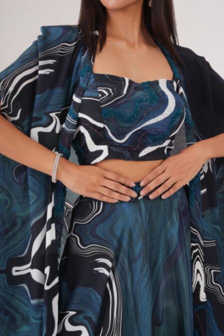 Label Shristi Chetani_Black Crepe Beads Sweetheart Neck Wave Abstract Patterned Lehenga Cape Set_Online_at_Aza_Fashions