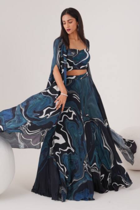 Buy_Label Shristi Chetani_Black Crepe Beads Sweetheart Neck Wave Abstract Patterned Lehenga Cape Set_Online_at_Aza_Fashions