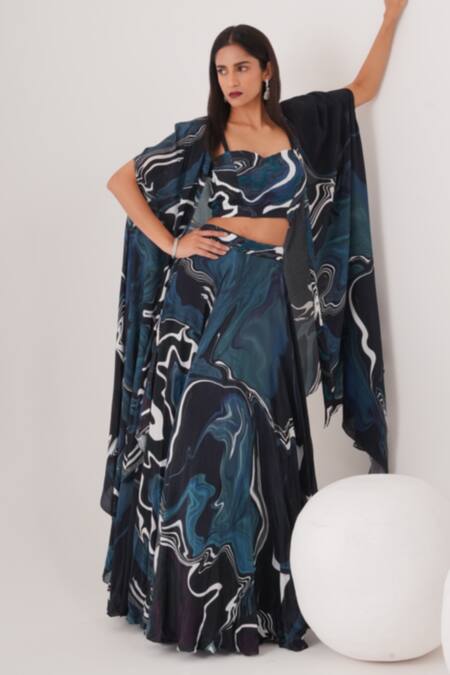 Shop_Label Shristi Chetani_Black Crepe Beads Sweetheart Neck Wave Abstract Patterned Lehenga Cape Set_Online_at_Aza_Fashions