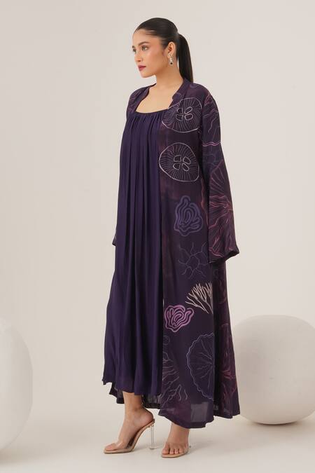 Label Shristi Chetani_Purple Crepe Mandarin Collar, Scoop Pattern Overlay Jacket With Pleated Dress_Online_at_Aza_Fashions