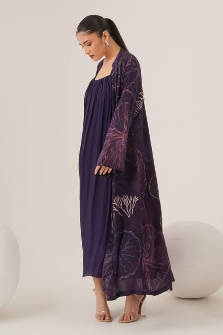 Buy_Label Shristi Chetani_Purple Crepe Mandarin Collar, Scoop Pattern Overlay Jacket With Pleated Dress_Online_at_Aza_Fashions