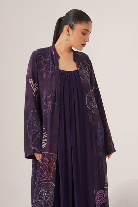 Shop_Label Shristi Chetani_Purple Crepe Mandarin Collar, Scoop Pattern Overlay Jacket With Pleated Dress_Online_at_Aza_Fashions