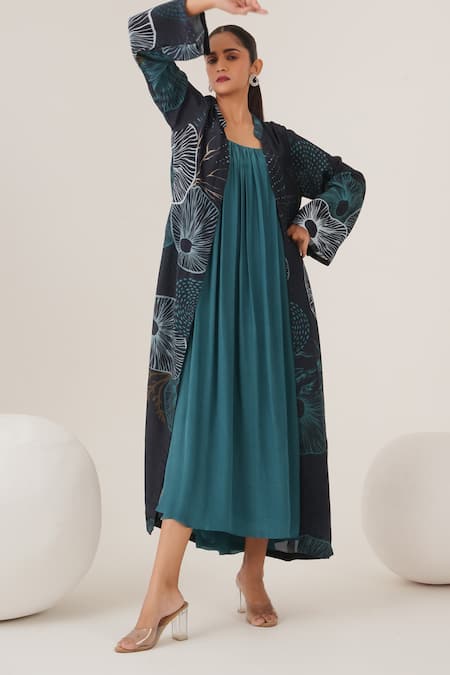 LABEL SHRISTI CHETANI Marine Pattern Overlay Jacket With Solid Dress 