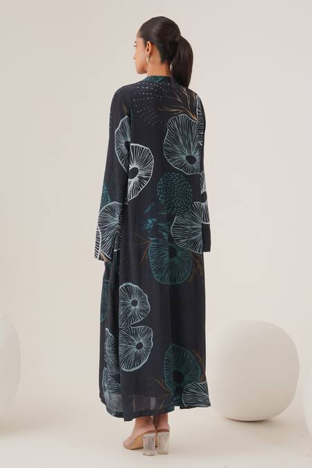 Shop Label Shristi Chetani Blue Crepe Mandarin Collar, Round Neck Pattern Overlay Jacket With Solid Dress at Aza Fashions Shop_Label Shristi Chetani_Blue Crepe Mandarin Collar, Round Neck Pattern Overlay Jacket With Solid Dress_at_Aza_Fashions