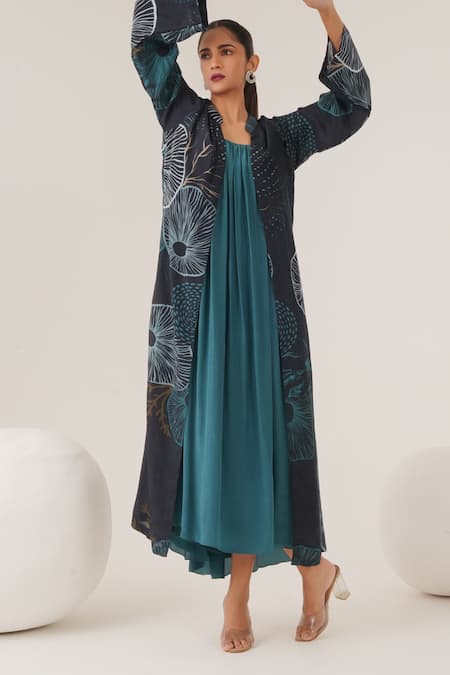 Buy Label Shristi Chetani Blue Crepe Mandarin Collar, Round Neck Pattern Overlay Jacket With Solid Dress Online at Aza Fashions Buy_Label Shristi Chetani_Blue Crepe Mandarin Collar, Round Neck Pattern Overlay Jacket With Solid Dress_Online_at_Aza_Fashions