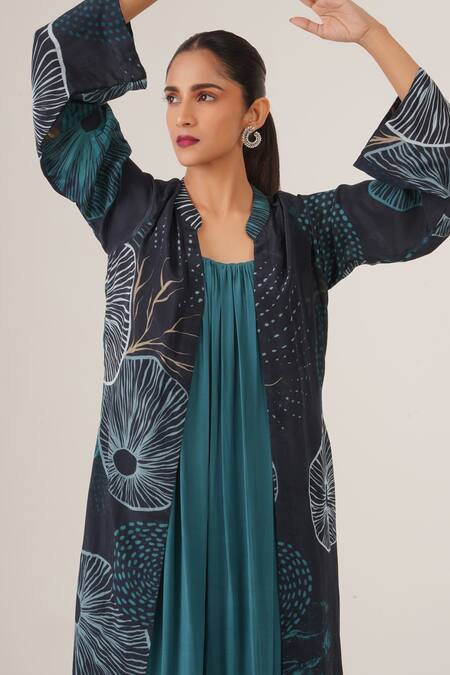 Shop Label Shristi Chetani Blue Crepe Mandarin Collar, Round Neck Pattern Overlay Jacket With Solid Dress Online at Aza Fashions Shop_Label Shristi Chetani_Blue Crepe Mandarin Collar, Round Neck Pattern Overlay Jacket With Solid Dress_Online_at_Aza_Fashions