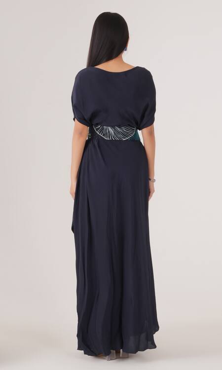 Shop Label Shristi Chetani Blue Crepe Cut Work, Embroidery Round Neck Draped Dress With Embellished Belt at Aza Fashions Shop_Label Shristi Chetani_Blue Crepe Cut Work, Embroidery Round Neck Draped Dress With Embellished Belt_at_Aza_Fashions