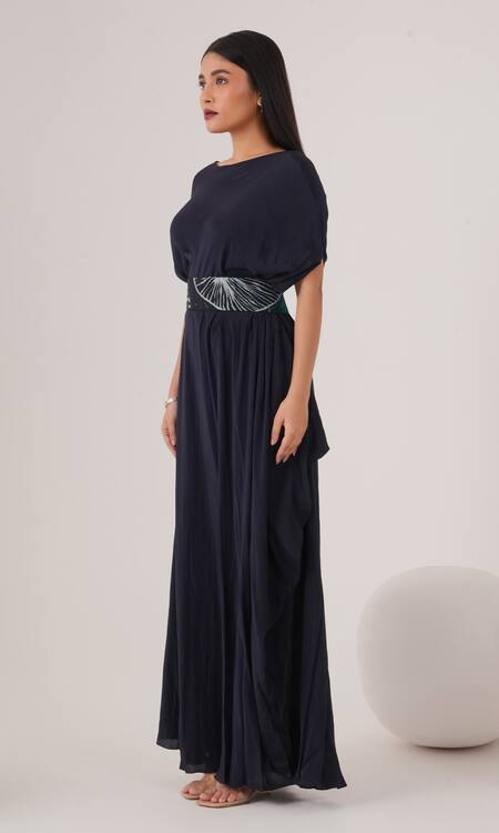 Label Shristi Chetani Blue Crepe Cut Work, Embroidery Round Neck Draped Dress With Embellished Belt Online at Aza Fashions Label Shristi Chetani_Blue Crepe Cut Work, Embroidery Round Neck Draped Dress With Embellished Belt_Online_at_Aza_Fashions