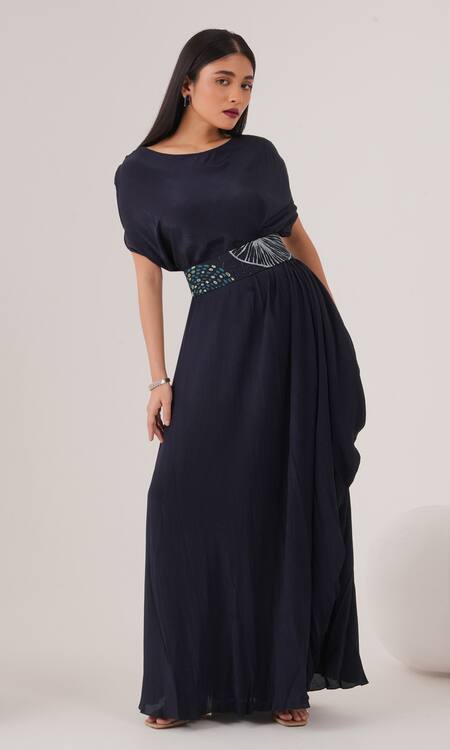 Buy Label Shristi Chetani Blue Crepe Cut Work, Embroidery Round Neck Draped Dress With Embellished Belt Online at Aza Fashions Buy_Label Shristi Chetani_Blue Crepe Cut Work, Embroidery Round Neck Draped Dress With Embellished Belt_Online_at_Aza_Fashions
