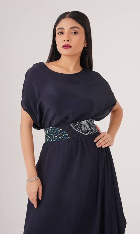 Shop Label Shristi Chetani Blue Crepe Cut Work, Embroidery Round Neck Draped Dress With Embellished Belt Online at Aza Fashions Shop_Label Shristi Chetani_Blue Crepe Cut Work, Embroidery Round Neck Draped Dress With Embellished Belt_Online_at_Aza_Fashions