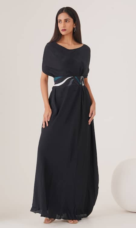 LABEL SHRISTI CHETANI Blue Natural Crepe Embellished And Printed Belt Abstract Plain Draped Dress With 