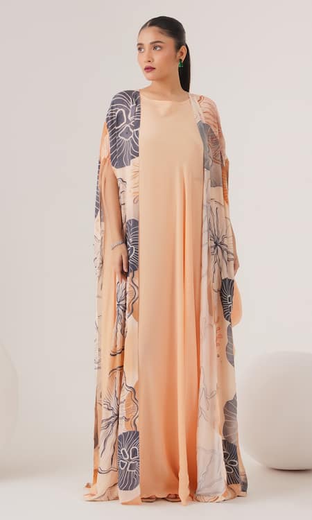 LABEL SHRISTI CHETANI Peach Natural Crepe Embellished And Printed Cape Abstract Cape Front With Dress 