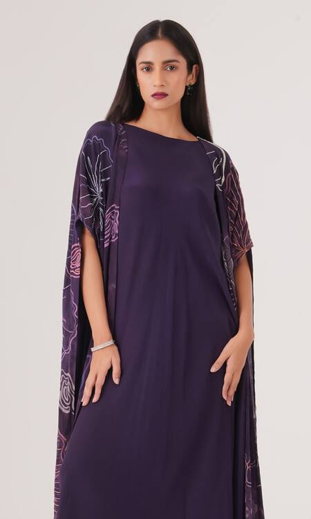 Shop Label Shristi Chetani Purple Crepe Embroidery Round Neck Abstract Print Long Cape With Dress Online at Aza Fashions Shop_Label Shristi Chetani_Purple Crepe Embroidery Round Neck Abstract Print Long Cape With Dress_Online_at_Aza_Fashions