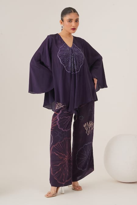 LABEL SHRISTI CHETANI Purple Natural Crepe Embellished And Printed Abstract V Neck Top With Pant 