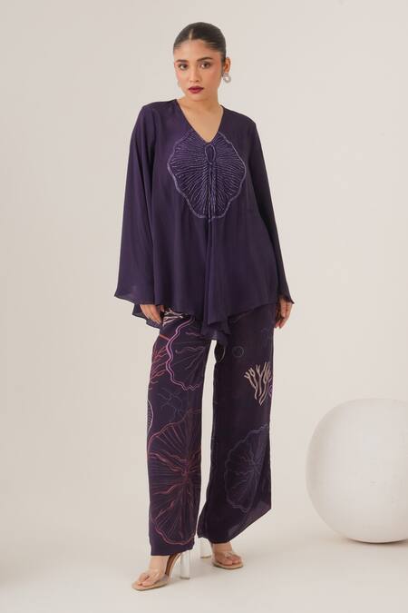 Label Shristi Chetani_Purple Crepe Cut Work V-neck Abstract Embellished Top With Pant_Online_at_Aza_Fashions