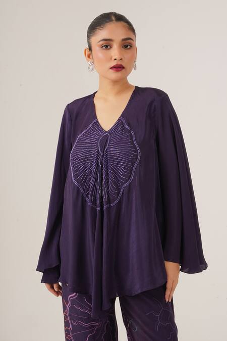 Label Shristi Chetani_Purple Crepe Cut Work V-neck Abstract Embellished Top With Pant_at_Aza_Fashions