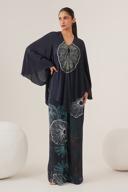 LABEL SHRISTI CHETANI Blue Natural Crepe Embellished And Printed Abstract V Neck Top & Pant Set 