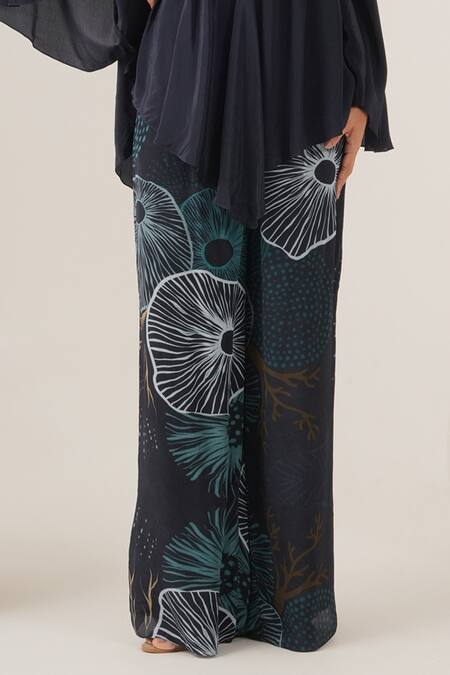 Label Shristi Chetani_Blue Crepe Cut Work, Embroidery V-neck Abstract Embellished Top And Pant Set_Online_at_Aza_Fashions