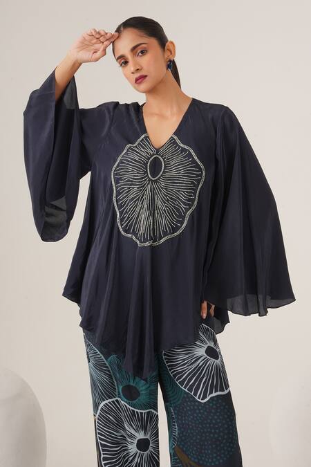 Buy_Label Shristi Chetani_Blue Crepe Cut Work, Embroidery V-neck Abstract Embellished Top And Pant Set_Online_at_Aza_Fashions