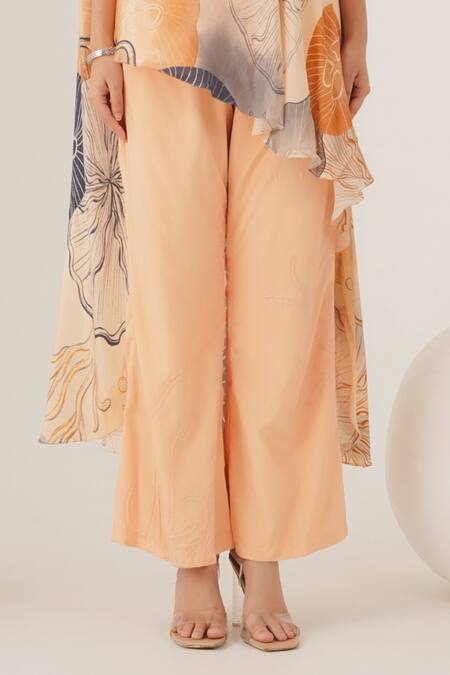 Label Shristi Chetani_Peach Crepe Asymmetric Abstract Print One Shoulder Top With Pant_Online_at_Aza_Fashions