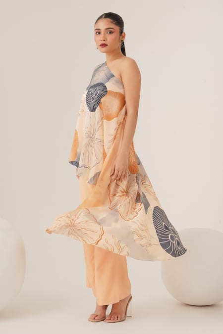 Shop_Label Shristi Chetani_Peach Crepe Asymmetric Abstract Print One Shoulder Top With Pant_Online_at_Aza_Fashions