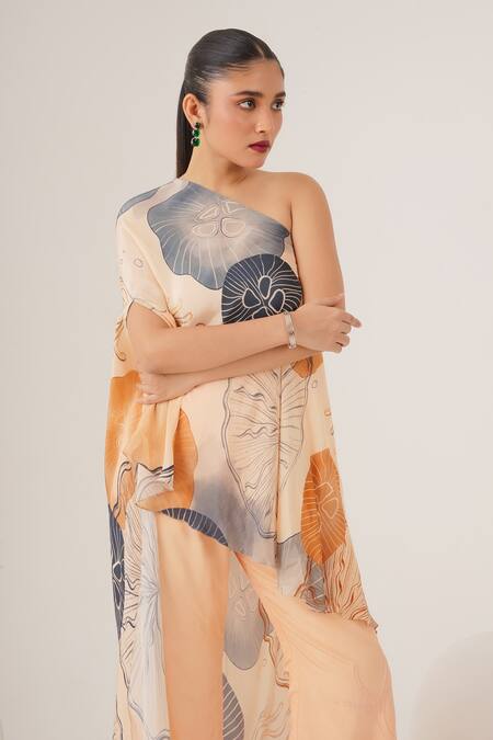 Label Shristi Chetani_Peach Crepe Asymmetric Abstract Print One Shoulder Top With Pant_at_Aza_Fashions