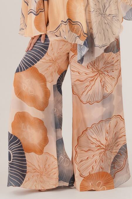 Label Shristi Chetani_Peach Crepe Crystals, Beads Collared Abstract Print Boxy Top With Pant_Online_at_Aza_Fashions
