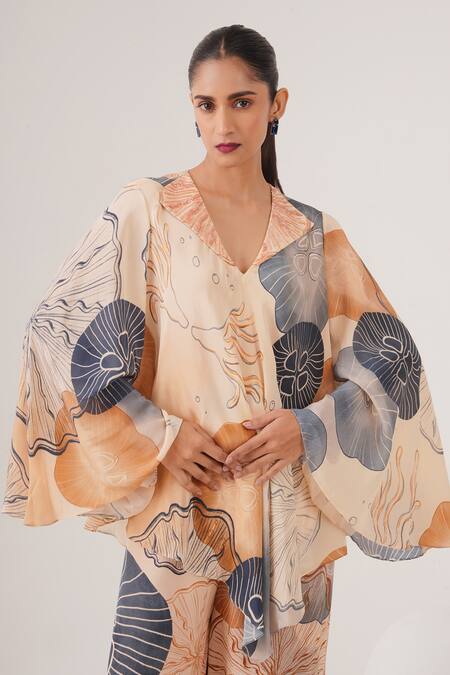 Buy_Label Shristi Chetani_Peach Crepe Crystals, Beads Collared Abstract Print Boxy Top With Pant_Online_at_Aza_Fashions