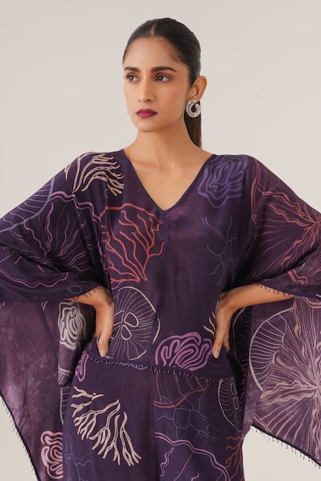 Label Shristi Chetani Purple Crepe Beads V-neck Abstract Print Asymmetric Top With Pant Online at Aza Fashions Label Shristi Chetani_Purple Crepe Beads V-neck Abstract Print Asymmetric Top With Pant_Online_at_Aza_Fashions