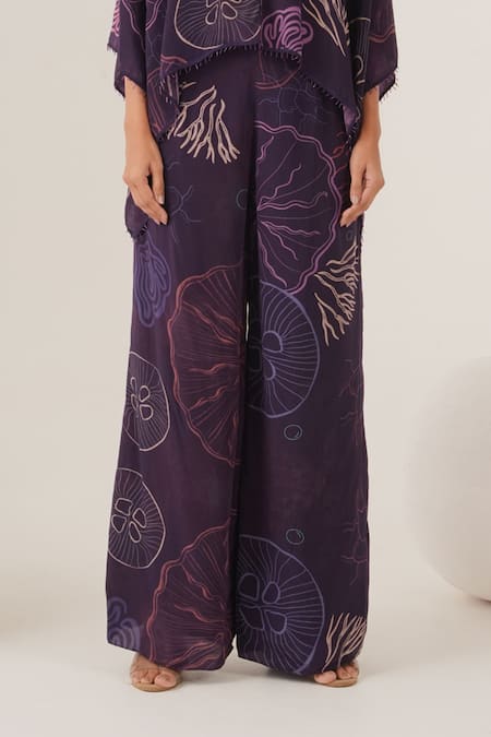 Buy Label Shristi Chetani Purple Crepe Beads V-neck Abstract Print Asymmetric Top With Pant Online at Aza Fashions Buy_Label Shristi Chetani_Purple Crepe Beads V-neck Abstract Print Asymmetric Top With Pant_Online_at_Aza_Fashions