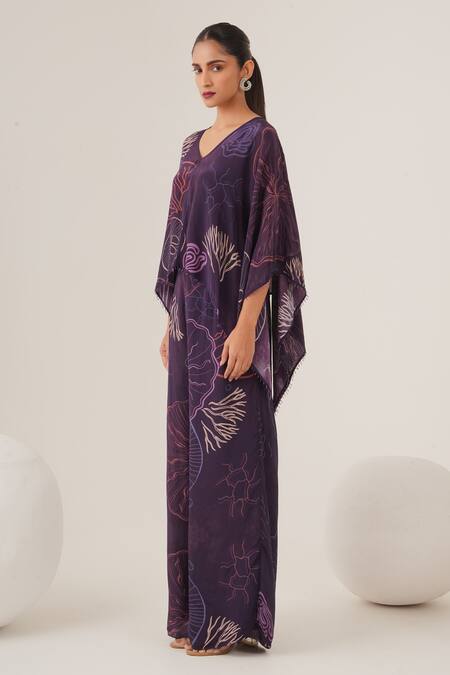 Shop Label Shristi Chetani Purple Crepe Beads V-neck Abstract Print Asymmetric Top With Pant Online at Aza Fashions Shop_Label Shristi Chetani_Purple Crepe Beads V-neck Abstract Print Asymmetric Top With Pant_Online_at_Aza_Fashions