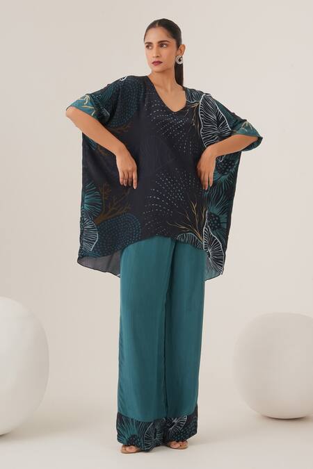 Label Shristi Chetani_Blue Crepe Beads V-neck Abstract Print High Low Top With Pant_Online_at_Aza_Fashions